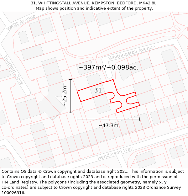 31, WHITTINGSTALL AVENUE, KEMPSTON, BEDFORD, MK42 8LJ: Plot and title map