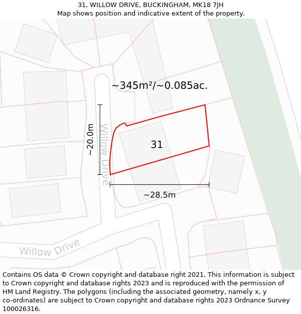 31, WILLOW DRIVE, BUCKINGHAM, MK18 7JH: Plot and title map