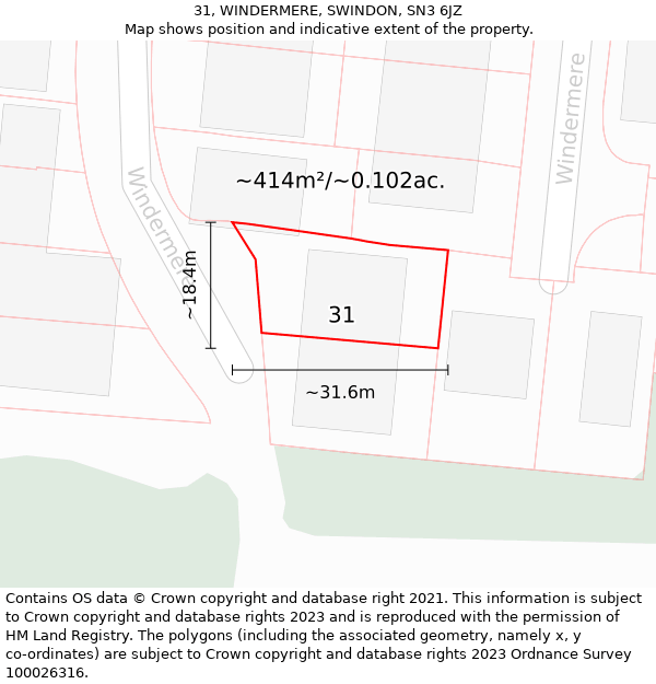 31, WINDERMERE, SWINDON, SN3 6JZ: Plot and title map