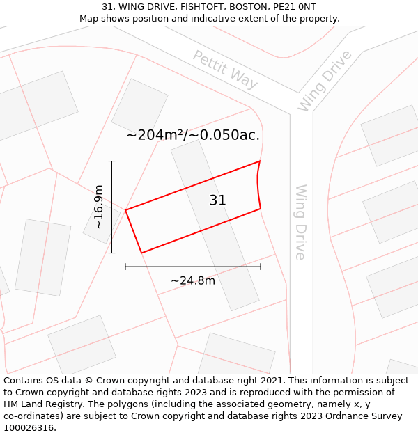 31, WING DRIVE, FISHTOFT, BOSTON, PE21 0NT: Plot and title map