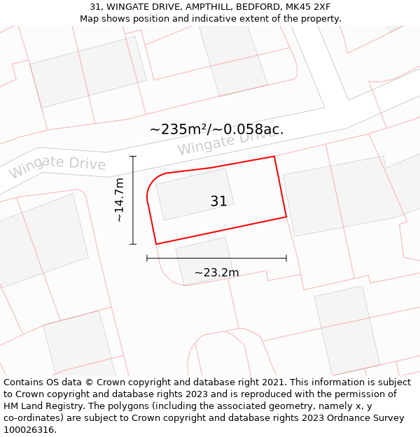 31, WINGATE DRIVE, AMPTHILL, BEDFORD, MK45 2XF: Plot and title map