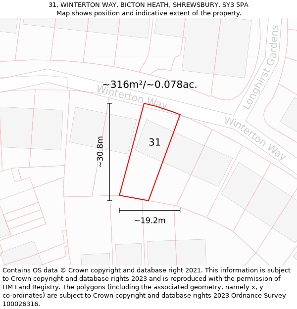 31, WINTERTON WAY, BICTON HEATH, SHREWSBURY, SY3 5PA: Plot and title map