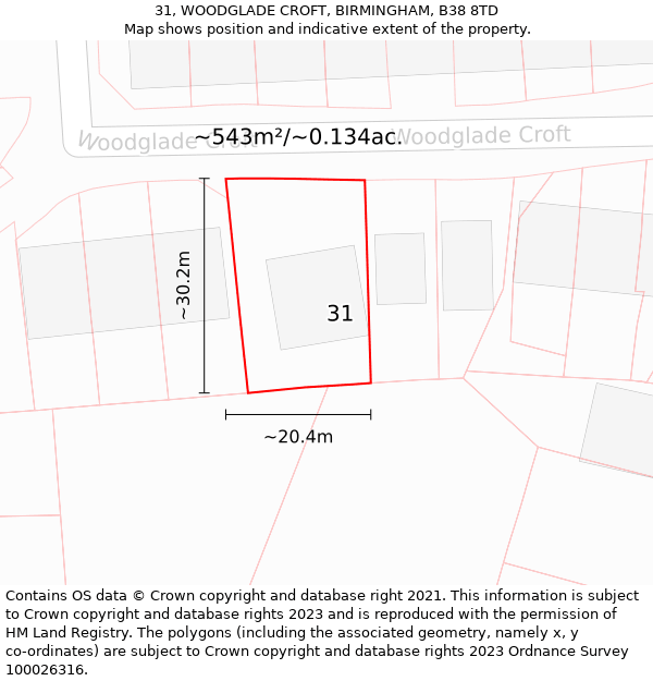 31, WOODGLADE CROFT, BIRMINGHAM, B38 8TD: Plot and title map