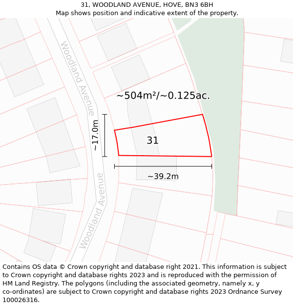31, WOODLAND AVENUE, HOVE, BN3 6BH: Plot and title map