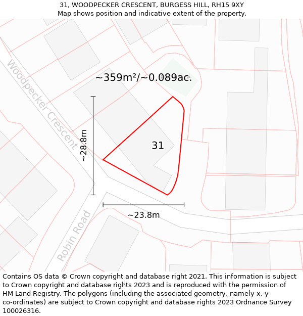 31, WOODPECKER CRESCENT, BURGESS HILL, RH15 9XY: Plot and title map