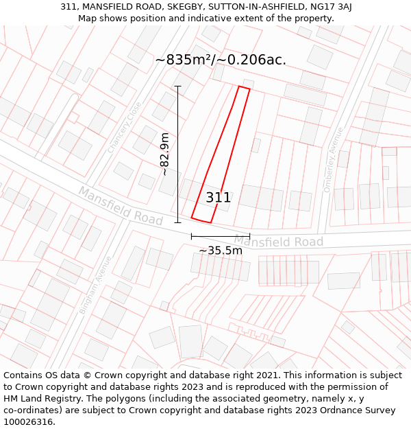 311, MANSFIELD ROAD, SKEGBY, SUTTON-IN-ASHFIELD, NG17 3AJ: Plot and title map