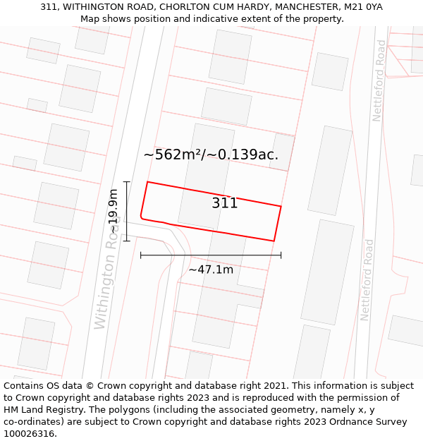 311, WITHINGTON ROAD, CHORLTON CUM HARDY, MANCHESTER, M21 0YA: Plot and title map