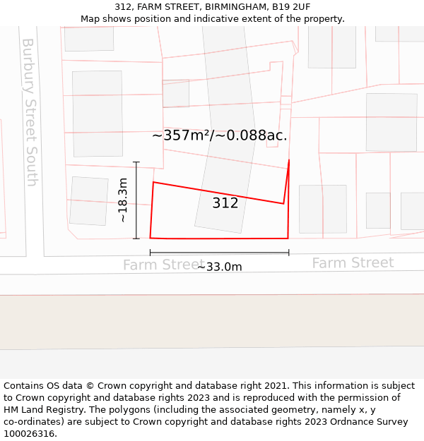 312, FARM STREET, BIRMINGHAM, B19 2UF: Plot and title map