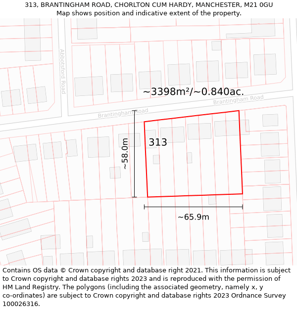 313, BRANTINGHAM ROAD, CHORLTON CUM HARDY, MANCHESTER, M21 0GU: Plot and title map