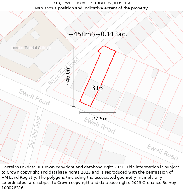 313, EWELL ROAD, SURBITON, KT6 7BX: Plot and title map