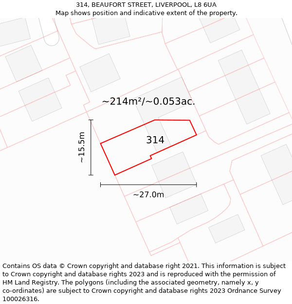 314, BEAUFORT STREET, LIVERPOOL, L8 6UA: Plot and title map