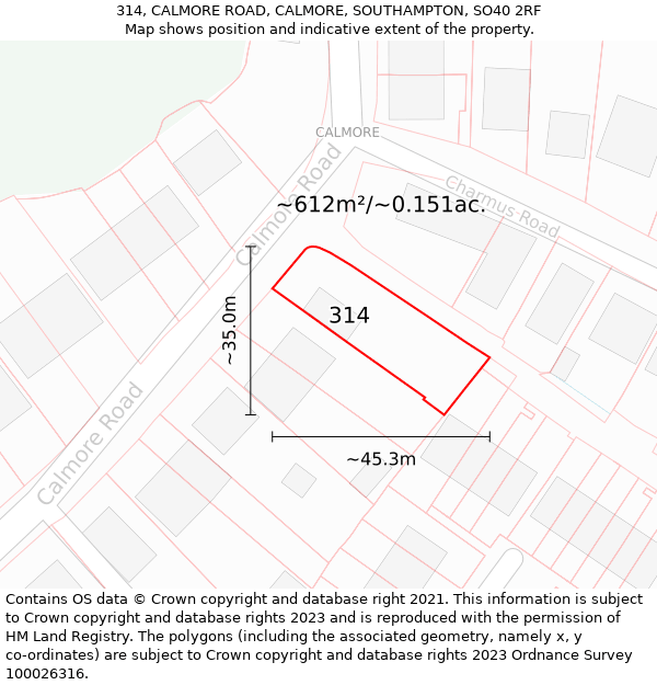 314, CALMORE ROAD, CALMORE, SOUTHAMPTON, SO40 2RF: Plot and title map