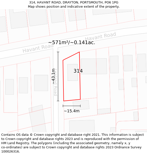 314, HAVANT ROAD, DRAYTON, PORTSMOUTH, PO6 1PG: Plot and title map