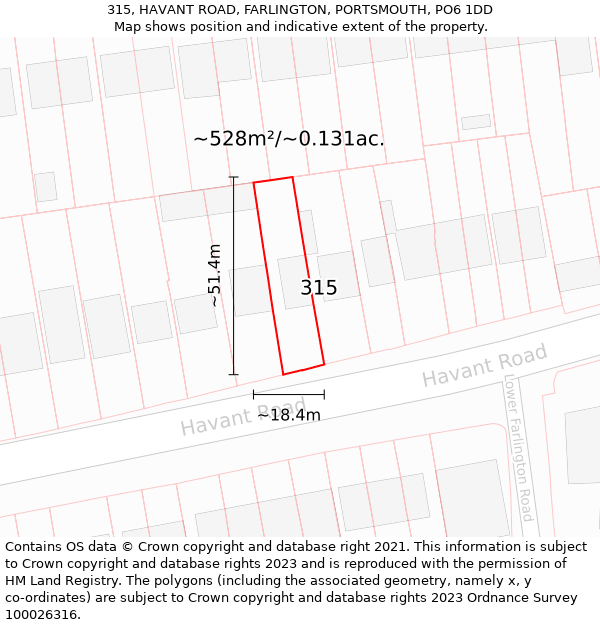 315, HAVANT ROAD, FARLINGTON, PORTSMOUTH, PO6 1DD: Plot and title map