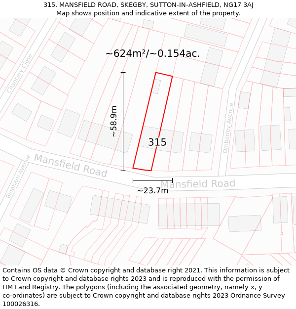 315, MANSFIELD ROAD, SKEGBY, SUTTON-IN-ASHFIELD, NG17 3AJ: Plot and title map