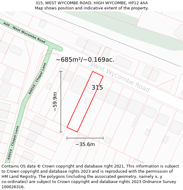 315, WEST WYCOMBE ROAD, HIGH WYCOMBE, HP12 4AA: Plot and title map