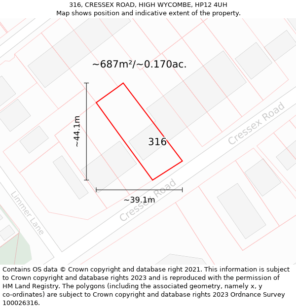 316, CRESSEX ROAD, HIGH WYCOMBE, HP12 4UH: Plot and title map