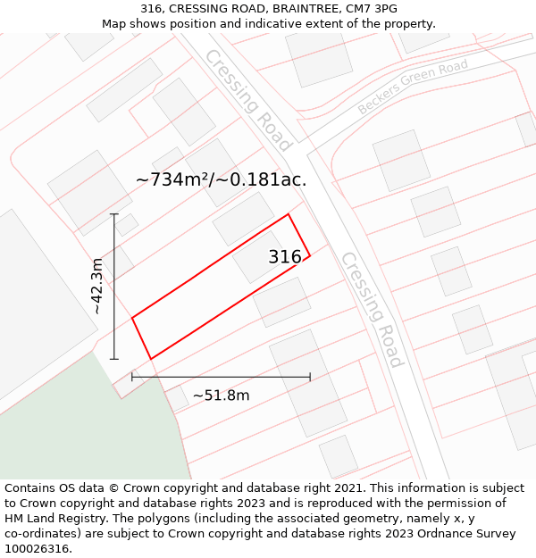 316, CRESSING ROAD, BRAINTREE, CM7 3PG: Plot and title map