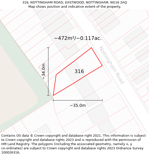 316, NOTTINGHAM ROAD, EASTWOOD, NOTTINGHAM, NG16 2AQ: Plot and title map