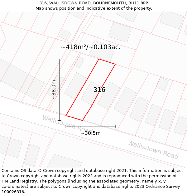 316, WALLISDOWN ROAD, BOURNEMOUTH, BH11 8PP: Plot and title map