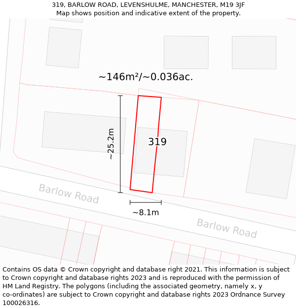 319, BARLOW ROAD, LEVENSHULME, MANCHESTER, M19 3JF: Plot and title map