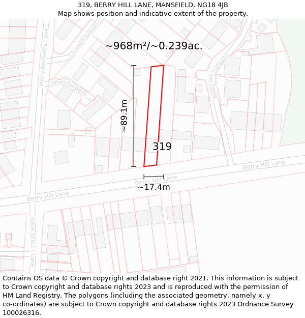 319, BERRY HILL LANE, MANSFIELD, NG18 4JB: Plot and title map