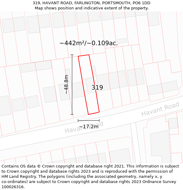319, HAVANT ROAD, FARLINGTON, PORTSMOUTH, PO6 1DD: Plot and title map
