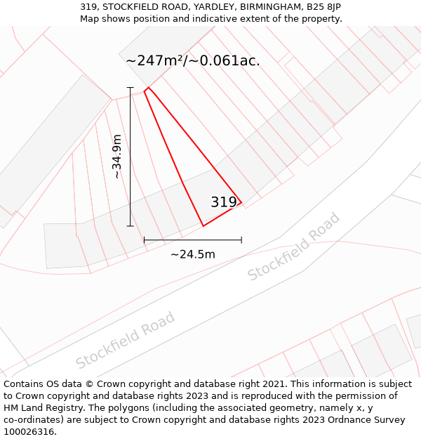 319, STOCKFIELD ROAD, YARDLEY, BIRMINGHAM, B25 8JP: Plot and title map