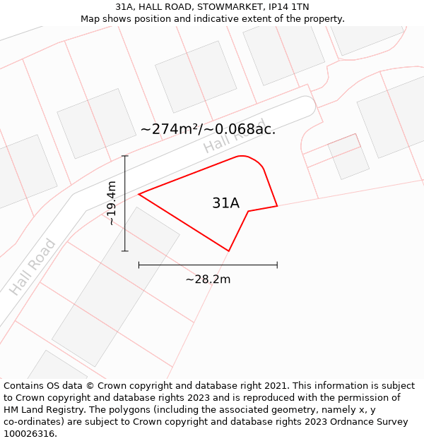 31A, HALL ROAD, STOWMARKET, IP14 1TN: Plot and title map