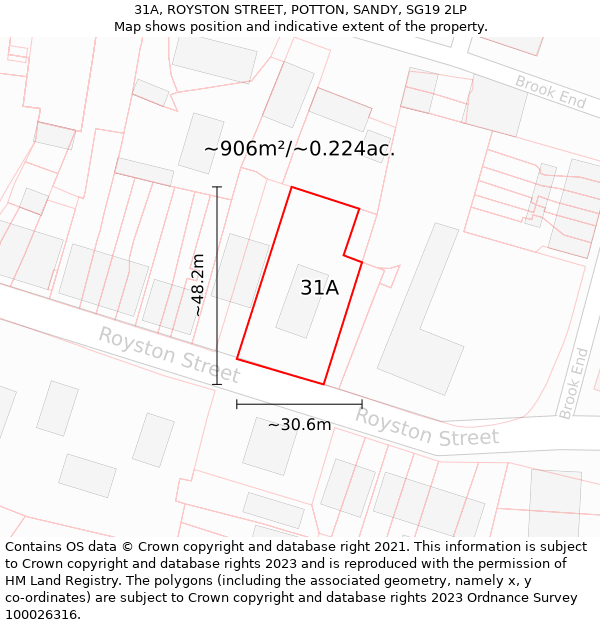 31A, ROYSTON STREET, POTTON, SANDY, SG19 2LP: Plot and title map