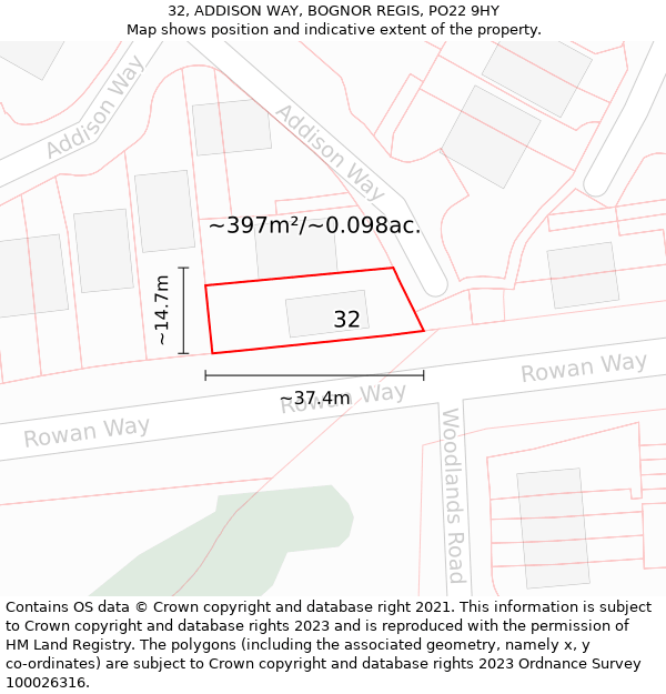 32, ADDISON WAY, BOGNOR REGIS, PO22 9HY: Plot and title map