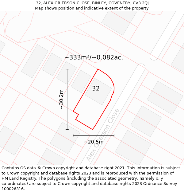 32, ALEX GRIERSON CLOSE, BINLEY, COVENTRY, CV3 2QJ: Plot and title map