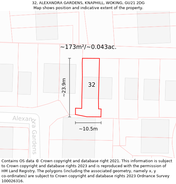 32, ALEXANDRA GARDENS, KNAPHILL, WOKING, GU21 2DG: Plot and title map