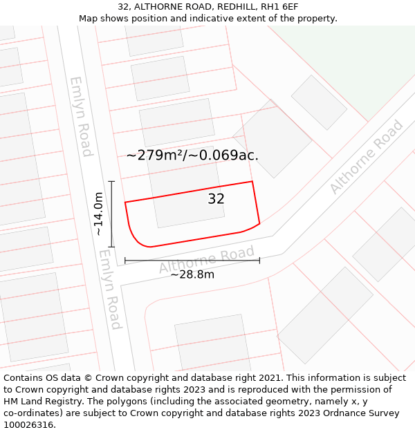 32, ALTHORNE ROAD, REDHILL, RH1 6EF: Plot and title map