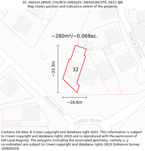 32, ANGLIA DRIVE, CHURCH GRESLEY, SWADLINCOTE, DE11 9JR: Plot and title map