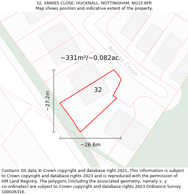 32, ANNIES CLOSE, HUCKNALL, NOTTINGHAM, NG15 6FR: Plot and title map