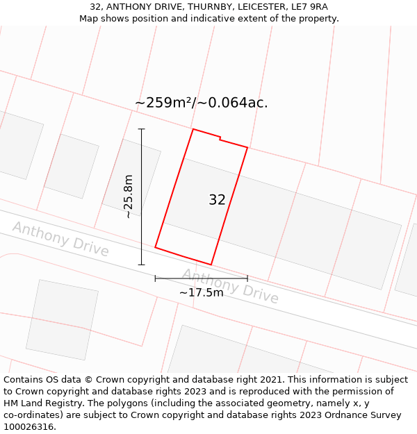 32, ANTHONY DRIVE, THURNBY, LEICESTER, LE7 9RA: Plot and title map