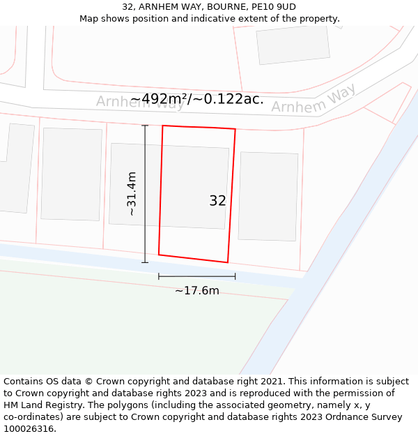 32, ARNHEM WAY, BOURNE, PE10 9UD: Plot and title map