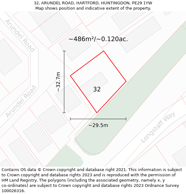 32, ARUNDEL ROAD, HARTFORD, HUNTINGDON, PE29 1YW: Plot and title map