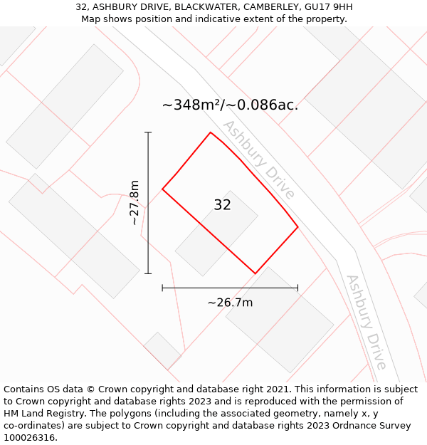 32, ASHBURY DRIVE, BLACKWATER, CAMBERLEY, GU17 9HH: Plot and title map