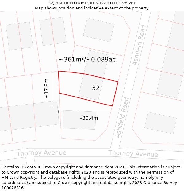 32, ASHFIELD ROAD, KENILWORTH, CV8 2BE: Plot and title map