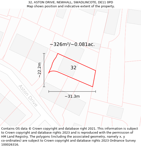 32, ASTON DRIVE, NEWHALL, SWADLINCOTE, DE11 0PD: Plot and title map