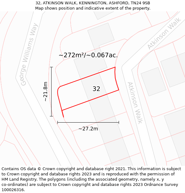 32, ATKINSON WALK, KENNINGTON, ASHFORD, TN24 9SB: Plot and title map