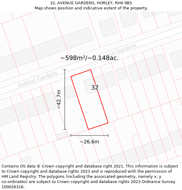 32, AVENUE GARDENS, HORLEY, RH6 9BS: Plot and title map