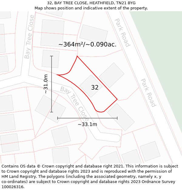 32, BAY TREE CLOSE, HEATHFIELD, TN21 8YG: Plot and title map