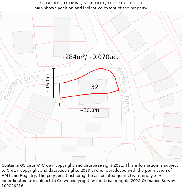 32, BECKBURY DRIVE, STIRCHLEY, TELFORD, TF3 1EE: Plot and title map