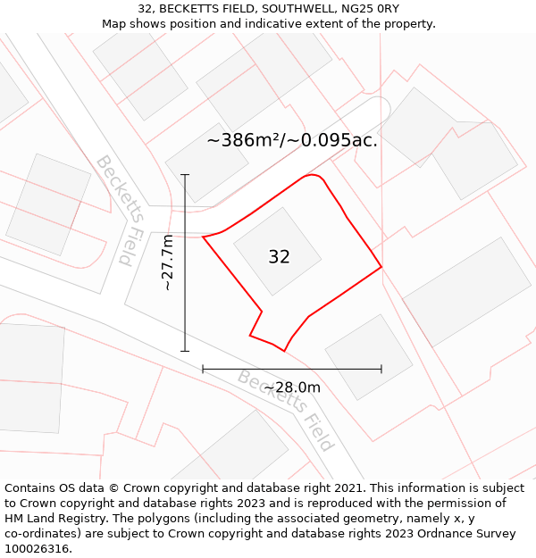 32, BECKETTS FIELD, SOUTHWELL, NG25 0RY: Plot and title map