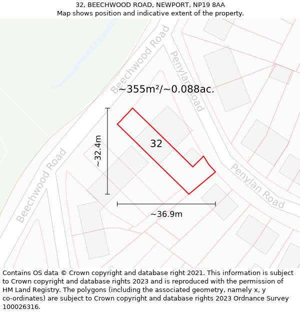 32, BEECHWOOD ROAD, NEWPORT, NP19 8AA: Plot and title map
