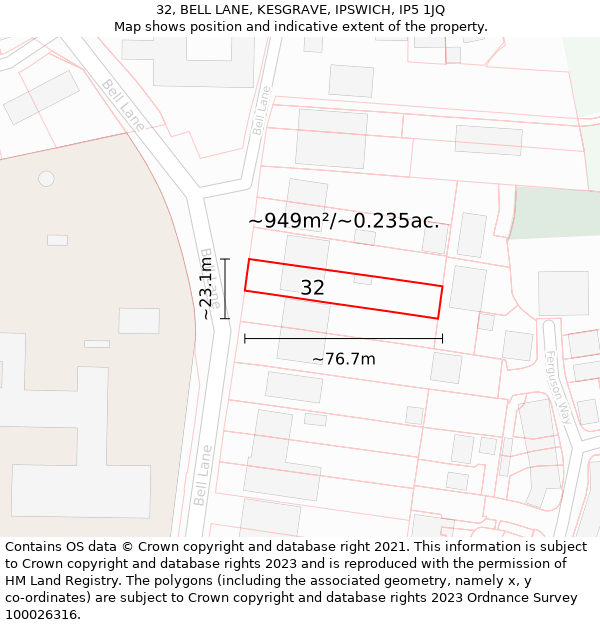 32, BELL LANE, KESGRAVE, IPSWICH, IP5 1JQ: Plot and title map