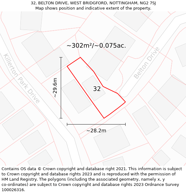 32, BELTON DRIVE, WEST BRIDGFORD, NOTTINGHAM, NG2 7SJ: Plot and title map